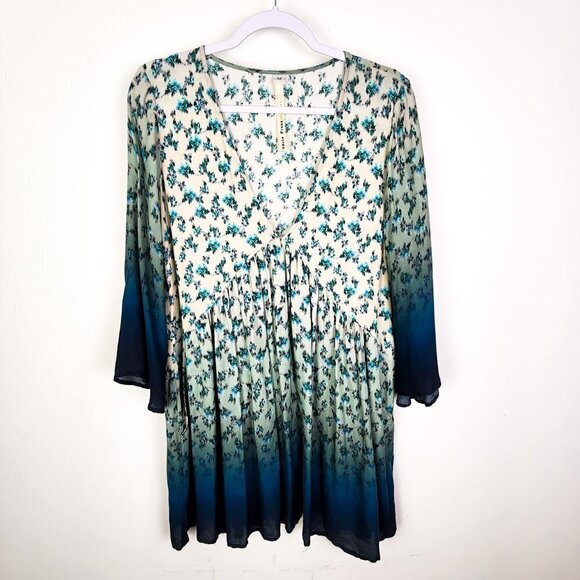 Uncle Frank Blue Floral Print Long Sleeve Dress Size Medium Bell Sleeves 70s - Picture 1 of 9